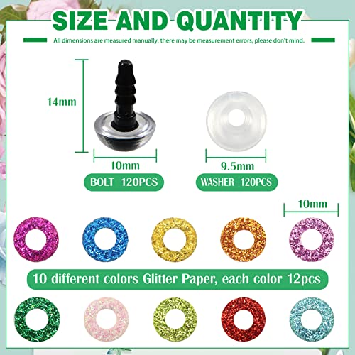 TOAOB 120pcs Glitter Plastic Safety Eyes 10mm Crafts Doll Eyes 10 Colors Half Round Craft Crochet Eyes with Washers for Stuffed Animals Amigurumis Bears Dolls Making - size: 10mm