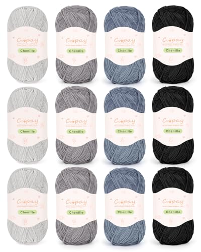 Coopay Skinny Chenille Yarn for Crocheting & Knitting, Black & Grey | Crochet Yarn Set - 600g Total, Velvet Yarn for Colorful Crafts, Blankets, Plush Dolls, Decorative Handmade Works - color: Gray Tones, size: #2 Thin