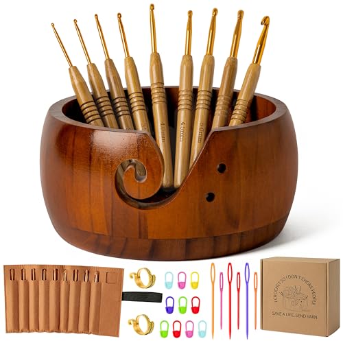 WATINC Wooden Yarn Bowl Holder Set - Large Crochet Yarn Storage Bowls with 9pcs Metal Knitting Hooks, Adjustable Loop Ring Stitch Markers with Box Crochet Gifts for Knitters Crocheters (Dark Brown - color: Dark Brown