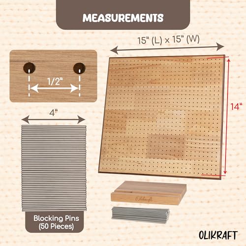 Olikraft Granny Square Blocking Board (15 Inch, 50 Pins) | Durable wood build, evenly spaced 0.5 inch holes for perfect tension, secure hold from rust-resistant stainless steel - size: 15 inches, style: Premium - 50 pins