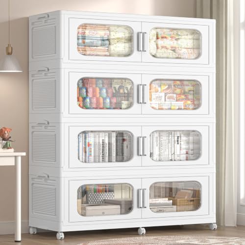200Gal Extra Large Stackable Storage Bins with Lid & Doors & Wheels, 200QT/50GAL 4-Tiers Collapsible Closet Organizers Plastic Boxes Drawers Containers for Home Kitchen Bedroom, White - color: White, size: 50Gal-4Pack