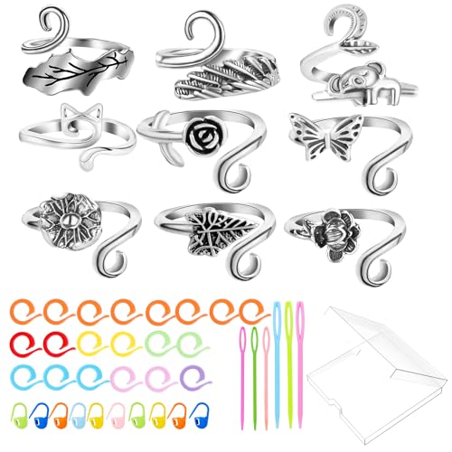 HUISUYTON 9PCS Crochet Ring for Finger with 30 Stitch Markers & 6 Needles | Adjustable Crochet Tension Ring, Yarn Rings for Crocheting Knitting Gifts for Women - color: Silvery