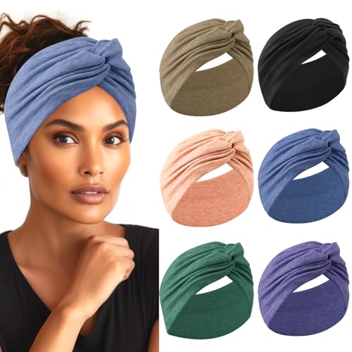 HAUHC Extra Wide Headbands for Women, 7'' Large Cotton Like Turban Knotted Bandana Head Bands for Women Non Slip, Boho Headbands for Women's Hair (C1-6Pcs, Extra Large 7" Wide) - color: C1