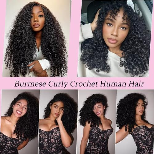 Feather Crochet Human Hair 20 Inch Crochet Burmese Curly 15A 100% Human Hair Bundles 120g 80 Strands Pre-Separated Crochet Hair for Black Women Burmese Curly Invisible Crochet Hair Extensions - color: Burmese Curly Crochet Hair, size: 20 20 Inch