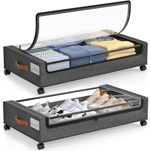 LAMU Under Bed Storage Containers with Wheels, 2 Pack, Hemp Grey | Smooth-rolling Wheels, Clear Lid & Label, Sturdy Metal Frame, Easy Install, Rolling Storage Drawers for Clothes, Shoes, Toys - color: Hemp Gray, size: 2 Pack