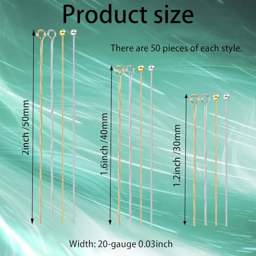 600Pcs Ball Head Pins Eye Pins for Jewelry Making Supplies Straight Bendable Ball Headpin for DIY Craft Earring Pendant Necklace Bracelet Jewelry Findings, 1.2", 1.6", 2", Gold and Silver - color: Gold+Silver, size: 2In 1.6In 1.2In(Ball Head + Eye)