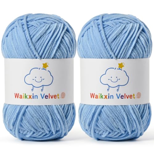 2 Pack Fluffy Chenille Yarn for Crocheting, Baby Yarn for Crocheting Soft, 100g/3.5oz Velvet Amigurumi Yarn, Fingering Weight Yarns for Crocheting Baby Blankets、DIY Craft.(2 Azure) - color: [2 Azure]