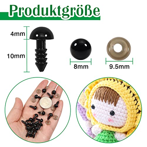 TOAOB 50pcs 8mm Safety Eyes for Amigurumis Craft Crochet Eyes with 50pcs Washers Black Doll Eyes for Crocheting Stuffed Animals Doll Making