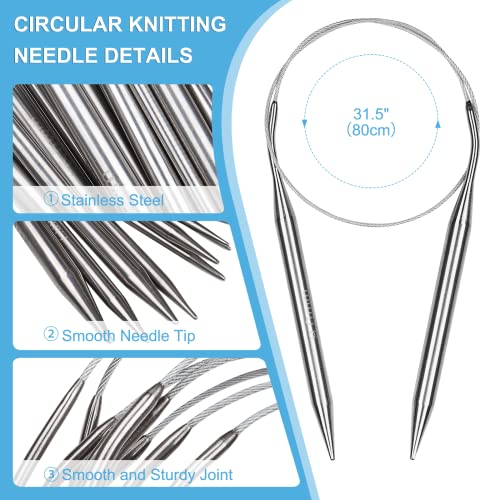 Aeelike Circular Knitting Needles Set, 2.5-10 mm Round Needle, 32 inches | 9 PCS Smooth Long Needle Stainless Steel (80cm), Complete Smooth Needles Set for Socks Sweater Scarves DIY Craft, Ideal Gift - size: 80cm(from tip to tip)