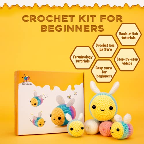 Crochetta Crochet Kit for Beginners, Beginner Crochet Starter Kit w Step-by-Step Video Tutorials, Learn to Crochet Kits for Adults Women Men, DIY Knitting Supplies (Yellow bee) - color: Bee Family