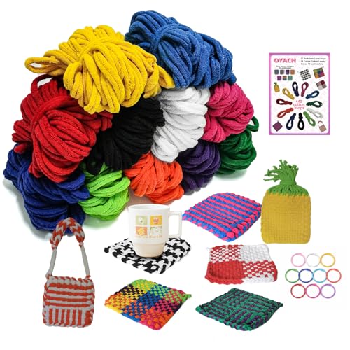 OYACH 7inch Cotton Potholder Weaving Loom Refill Loops, 440 Potholder Loops | 11 Colors Rainbow Cotton Pot Holder Loops Bands Pack, With Rings Hook for DIY Crafts, Makes 12 Potholders, Loom not Included - color: 7” Cotton Loop