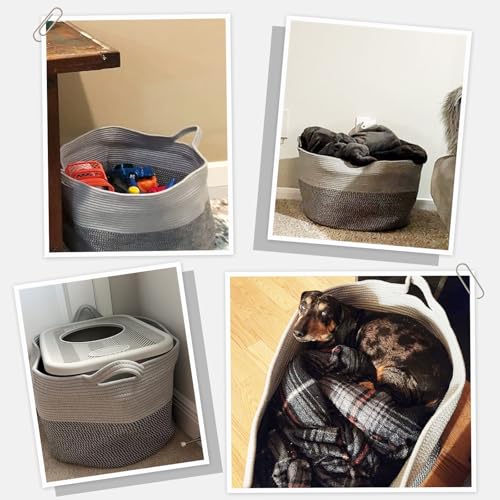 INDRESSME XXXLarge Woven Rope Blanket Basket Living Room Grey, 90L | 21.7" x 13.8" Storage baskets for toys laundry & pillows. Fits living room, bedroom or nursery décor. Soft-touch with handles - color: Light & Dark Grey, size: 21.7"D x 13.8"H