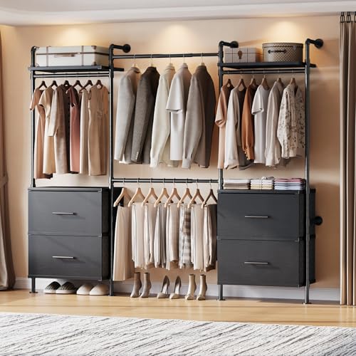 ONBRILL T4 Wall Mounted Closet System with 4 Large Drawers & 4 Hanging Rods | Adjustable from 4'4'' to 5'9'', Industrial Pipe Clothing Rack with 4 Hanging Rods, Heavy Duty Closet Organizer System, Black - color: Black