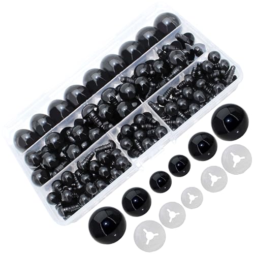 Thalinfayi 200pcs 10/15/24mm Safety Eyes and Washers for Amigurumi Crochet | Black Plastic Crochet Craft Eyes for Stuffed Plush Animals, Crafts, Crochet Doll DIY Making Supplies ; Neatly Sorted by Size - color: Black