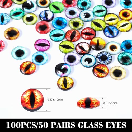 MWOOT 100pcs 12mm Cabochons Glass Eyes for Crafts with Case, Cat Bird Dragon Eyes Fake Glass Monster Eyes, Craft Eyes for Crochet Animals Polymer Clay Sculptures Jewelry Doll Making Props Xmas Gift