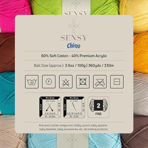 S Sensy Chino - Cotton&Premium Acrylic Blend #2 Fine Yarn, White, 361 Yards - color: White, size: 1 Skein