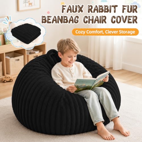Bean Bag Cover No Filler Stuffed Animal Storage Bean Bag Chair Cover | Soft Faux Rabbit Fur,Non-Slip Bottom,Durable Zipper,Fill with Plush Toys or Blankets,for Adults Teens Kids Girls,Black - color: Black (Cover Only), size: Small(28''x28''x32'')
