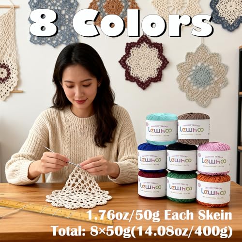 Crochet Thread, Size 10 Mercerized Cotton Lace Yarn Set | 8 Pearl 50g Balls Yarn for Hand Knitting - color: multicolor 1