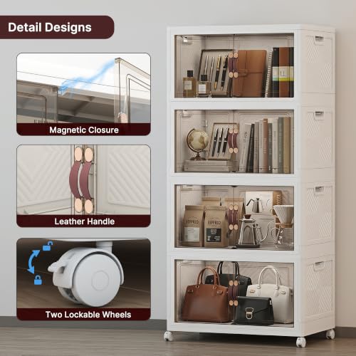 UAMFURI Stackable Storage Bins with Lids, 440QT Lockable Storage Cabinet | Closet Organizers, Foldable Storage Box with Doors and Wheels, Plastic Drawers for Home, Garage, Office (4, White, Plus) - color: White, size: Plus