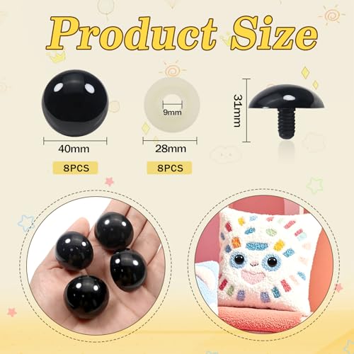 TOAOB 8pcs 40mm Large Safety Eyes for Amigurumis Plastic Crochet Safety Eyes with Washers Black Crafts Eyes for DIY Crocheting Animals Making Supplies - color: Black, size: 40mm
