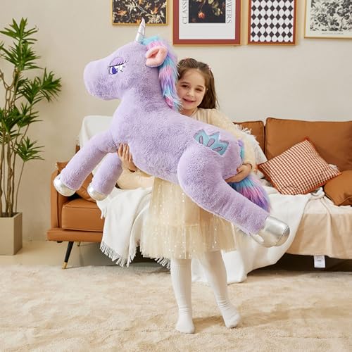 IKASA 43" Giant Unicorn Stuffed Animal Plush Toy,Full Stuffing,Zipper-Free | Extra Plump Full Body Filling, Child-Safe One-Piece Design, Cute Hugging Pillow Gift for Kids, Girls & Adults - color: Purple