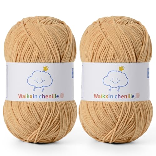 Fluffy Chenille Yarn for Crocheting，Baby Yarn for Crocheting Soft，2 Pack of 100g/3.5oz Velvet Amigurumi Yarn ，Fingering Weight Yarns for Crocheting Baby Blankets、DIY Craft.(2 Khaki) - color: [2 Khaki]
