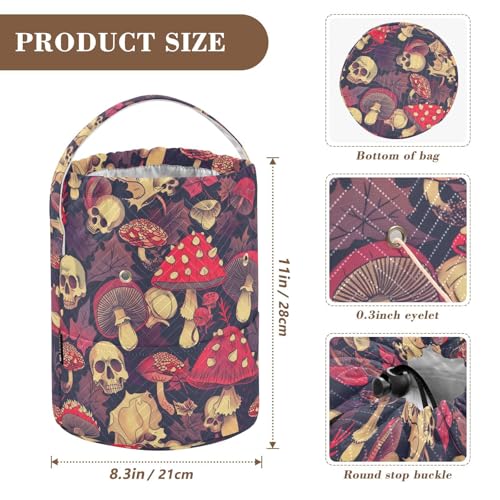 Fustylead Red Amanita Mushrooms Fall Leaves and Skulls Crochet Drawstring Organizer, Large Yarn Bag Storage Tote Basket for Crocheting On The Go, Kit Holder, Gift for Knitter, Crochet Beginner - color: Blue09 Mushrooms and Skulls