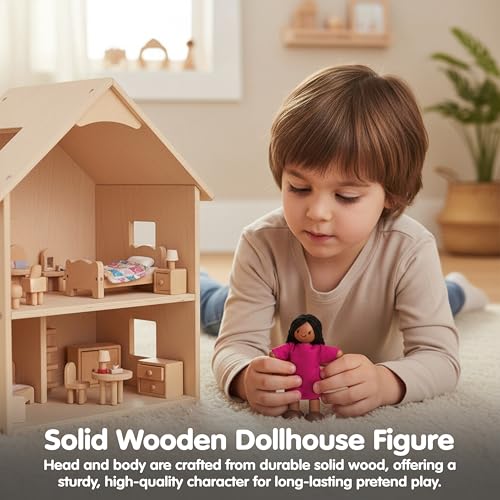 PlanToys® Girl Wooden Dollhouse Figurine Poseable 1:12 Scale 4-Inch Doll | daughter character, doll house people accessories, bendable arms, kids pretend play, storytelling learning gift ages 3+ - color: Hispanic Girl