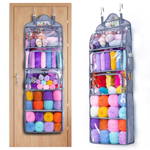 MYBAGZING Hanging Yarn Storage Organizer –Over-the-Door Crochet Organizer with Both Front and Side Zipper Closure -Large Capacity Clear Yarn Holder for Crochet Hooks, Knitting Needles & Accessories - color: Grey