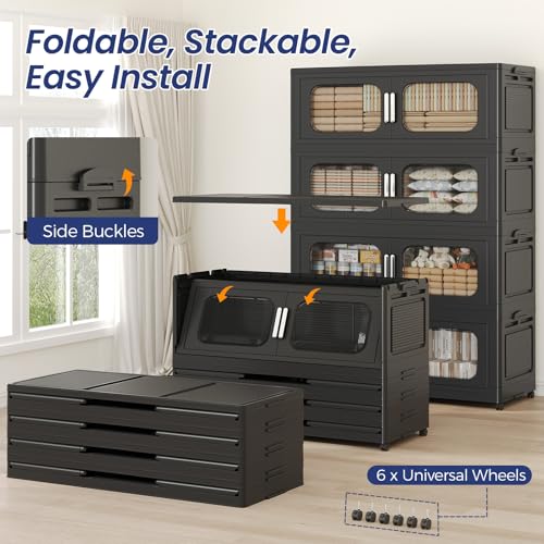 200Gal Extra Large Stackable Storage Bins with Doors & Wheels & Lid, 200QT/50GAL 4-Tiers Collapsible Plastic Drawers Boxes Closet Organizers Containers for Home Kitchen Bedroom, Black - color: Black, size: 50Gal-4Pack
