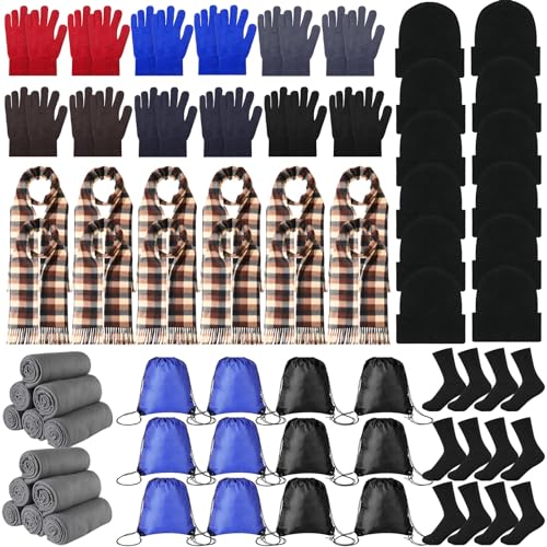 Suhine 72 Pcs Homeless Care Package Supplies Bulk Winter Warmth Kit with Blankets Beanies Hats Gloves Socks Scarves and Drawstring Bags Outreach Donation Essentials for Cold Weather Support