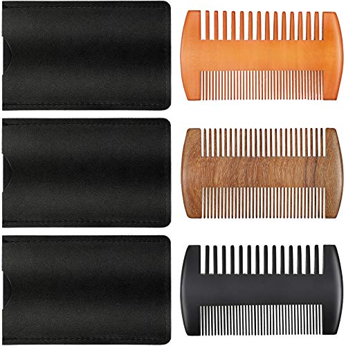 3 Pieces Beard Comb for Men Natural Sandalwood Wooden Mustaches Combs Dual Action Teeth Beard Comb with 3 Pieces Pocket Faux Leather Case for Beards Mustaches(Black, Yellow, Brown) - color: Black, Yellow, Brown