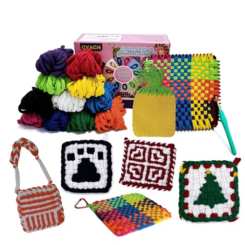 OYACH 7inch Cotton Potholder Metal Weaving Loom Loop,440 Potholder Loom Kit | 11 Colors 440 Rainbow Loops,12 Potholders,Metal Loom, 10 Rings Hook, DIY Crafts for Kids Adults, Gift for 6 7 8-12 Year Old - color: Weaving Loom Kits