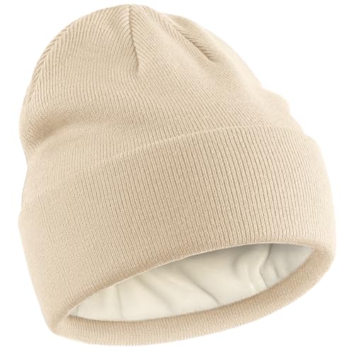 Fleece Lined Wool Beanie Hat Men Women, Warm Cuffed Winter Cap | 50% Wool Thermal Knit, Soft Velvet Fleece Liner, Long Style Full Ear Cover Warm Watch Cap, Tall Roomy Crown Skull Cap - color: Beige