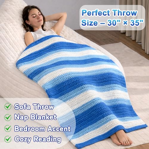 Reessy Crochet Blanket Kit for Beginners Adults – Gradient Blue Ombre Throw Blanket Kit with Soft Chenille Yarn, Hooks & Instructions – Handmade Crochet Starter Set for Adults - color: blue