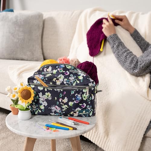 Pavilia Yarn Bag - Knitting & Crochet Bag Organizer, Grey Floral - color: Floral Grey
