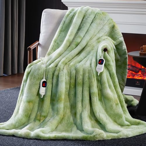 Guohaoi Heated Blanket, Soft Faux Rabbit Fur Electric Throw, 90"×100" | Electric Blanket with 10 Heating Levels 5 Setting Timer Auto Off, Cozy Warm Heating Blankets, Machine Washable, LightGreen - color: Light Green, size: 90''*100''