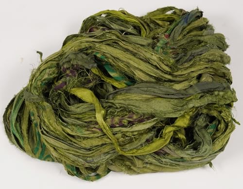 Artisan Recycled Sari Silk Ribbon Yarn - 300g (3 x 100g Skeins) | Handmade Upcycled Silk Strips for Crochet, Macramé, Weaving, Rug Hooking & Mixed Media Crafts | Green - color: Green