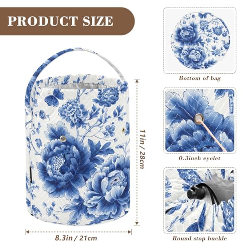 Blue White Peony Flower Butterfly Yarn Bag Small Crochet Bag Drawstring Yarn Storage Organizer Knitting Project Bags Potable Crochet Holder with Holes Handle Crocheting Needles Knitting - color: Blue and White Peony Flowers Leaf