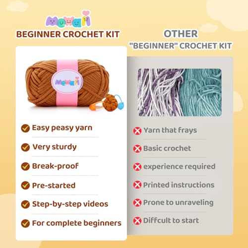 Mewaii Highland Cattle Crochet Kit for Beginners, 40% Extra Yarn | Video Tutorial, Pre-Started Piece, Gift Box, Level 1 Starter Kit, Family Craft for Adults, Kids & Beginners - color: Brown