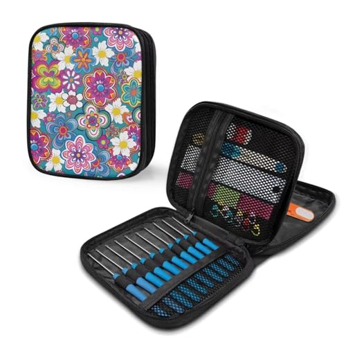 Boho Floral Crochet Hook Case with Web Pockets Knitting Needle Organizer - Portable Crochet & Knitting Storage for Hooks, Needles & Supplies - color: Boho Floral