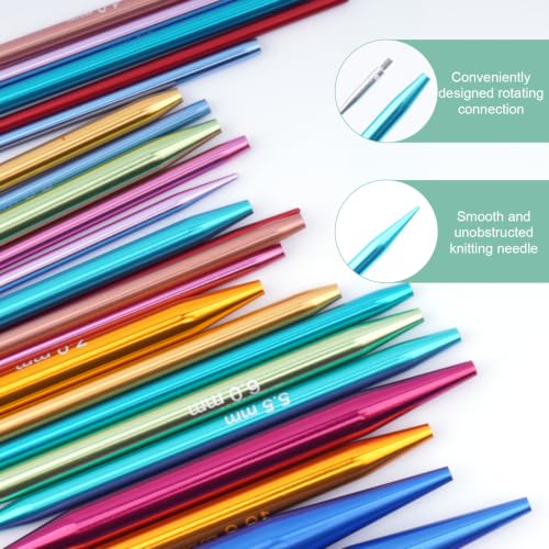 WAZAIGUR Aluminum Smooth Interchangeable Circular Knitting Needles Set | Work for Various Knitting Projects, Green Case, 4inch/10cm Needle, Sizes 3mm- 10mm, US Size 2.5- 15, 13 Pairs, 4 Cables - color: Multicolor