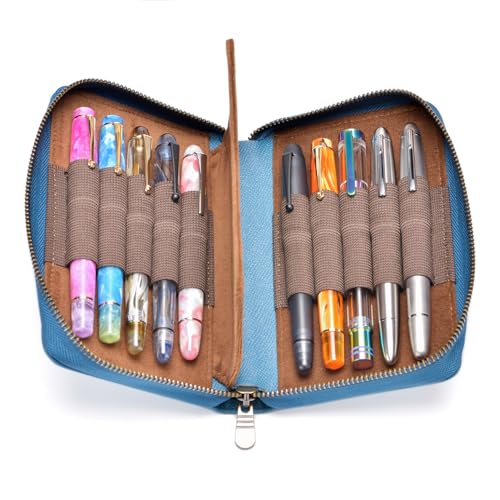 Fountain Pen Leather Pen Case 10 Divided Slots, Rollerball Pen Holder Handmade Display Organizer Zippered Pouch - color: Blue