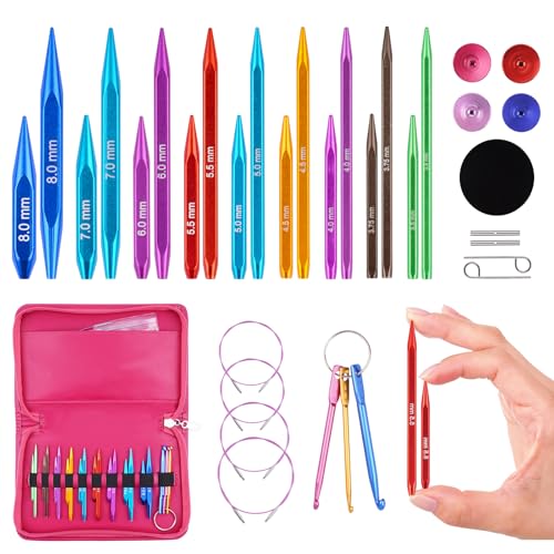 Hobekoee Short Interchangeable Knitting Needles Set | 9 Pairs Square Circular Knitting Needles with Case ,Cubic Metal Knitting Needle,3.5mm-8.0mm - color: Red