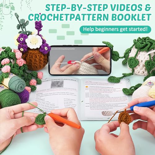 Crochetta Beginner Crochet Kit with Step-by-Step Video Tutorials, Learn to Crochet for Adults & Kids, Knitting Craft Supplies, Hanging Plants Home Decor (40%+ Yarn) - color: 3HaningPlant