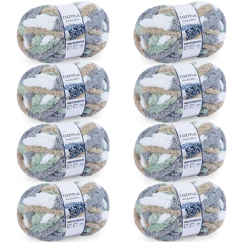 Cozyful Chunky Yarn for Hand Knitting - #10 Chunky Chenille Blanket Yarn, Jumbo Big Thick Chunky Yarns for Crocheting, Tie Dye Bulky Knit Yarns, 8 Skein (20 yds 8 oz Each Skein), Cream&Sage&Grey&Khaki - color: Cream&Sage&Grey&Khaki