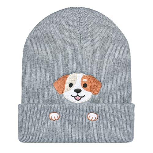 Personality Animal Head Embroidery Knit Beanie Hat for Adult and Big Kids Winter Warm Skull Cuffed Hats - color: Dog-grey