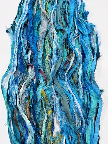 Maker's Craft Recycled Fuzzy Fringes Sari Silk Ribbon Yarn 35yards, 100Grams for DIY Knitting Crocheting Gift Wrapping, Christmas Decoration, Macrame Makers, Jewelry Making, Rugs Hooking (Aqua) - color: Aqua