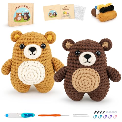 Crochet Kit for Beginners - Bear Crochet Kits, Beginner Crochet Kit for Adults, Crochet Animal Kit for Starters with Step-by-Step Video Tutorials, Knitting Bears with Squishy Hip Design - color: Brown Bears