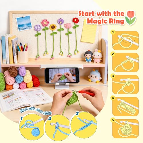 Joyclub Crochet Kit for Beginners 10 Flower Bookmarks for Adults | Flower bookmark with video and written guidance; first projects and handmade gifts for crochet starter book lovers teacher - color: Crochet Bookmark